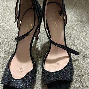Kate Spade Black Glitter Heels with Ankle Straps